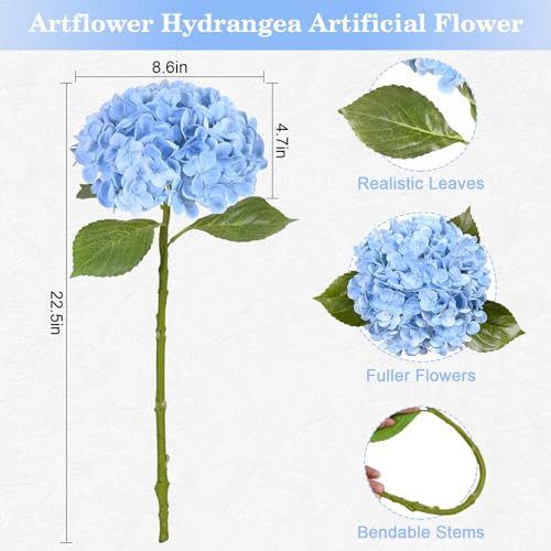 Artflower 4Pcs Real Touch Hydrangea Artificial Flowers, 22.5'' Blue Full Latex Faux Hydrangea Flowers for Home Floral Arrangements Wedding Bouquets Kitchen Table Centerpiece Decorations - color: Blue, size: 4 Pcs