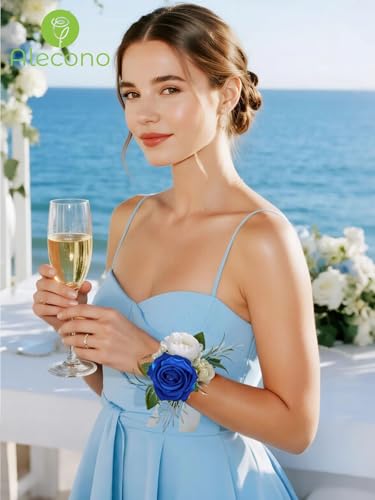 Alecono Navy Blue Corsage and Boutonniere Set, Rose Corsage Wristlet with Adjustable Ribbon and Boutonniere Supplies for Wedding Graduation Prom Flower Accessories Suit Decorations - color: Navy Blue, size: Corsage and Boutonniere Set