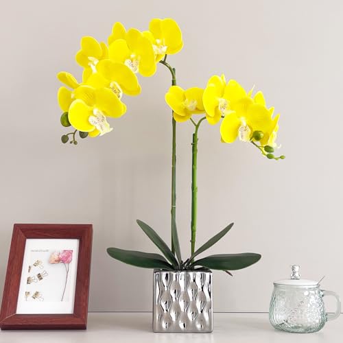 Artificial Orchids Silver Vases Orchids Artificial Flowers Yellow Orchid Height 20 inches - color: Yellow