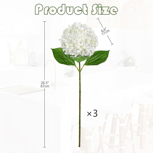 26" Artificial Hydrangea Flower with 6.6" Large Bloom, Realistic Gradient Silk Flowers, Faux Hydrangeas for Home Wedding Centerpiece Decor, Big Petal Fake Floral Arrangement, Indoor Outdoor Display - color: White, size: 3PCS