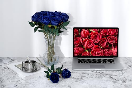 SITUMEIZI 15PCS Blue Artificial Roses Silk Flowers Fake Roses Realistic Bouquet Long Stem with Gift Box for Mother's Gift Day Home Party Wedding Decorations - color: Blue