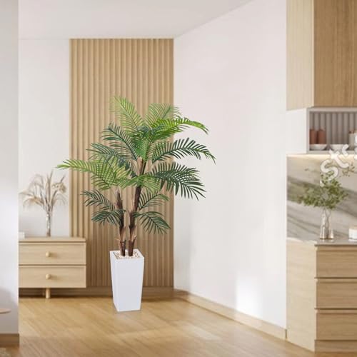 HAIHONG Artificial Palm Tree 6FT, Fake Tree with Realistic Fiber Trunks and White Tall Planter, Faux Tropical Areca Floor Plant in Pot,Artificial Silk Plant for Home Decor Office Decor
