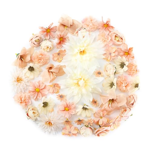 48 PCS Fake Flowers Heads Bulk, Mini Faux Silk Flower for Crafts, Small Artificial Flower Heads for Garland Graduation Cap Wedding Bridal Baby Shower Home Party Decoration DIY Cake Decor(Champagne) - color: Champagne