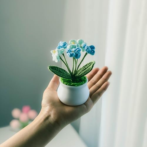 Joekaran Crochet Flowers Cute Little Potted Flower, Gift for Birthday, Teacher’s Day, Graduation, Anniversary, Valentines, Decor for Car Dashboard,Home Office Decoration (Blue Gradient Myosotis) - color: Blue Gradient Myosotis