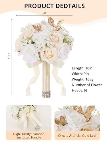Wedding Bouquets for Bride & Bridesmaid, 9 Inch Artificial Rose Bridal Bouquet, Ivory White & Champagne Silk Flowers for Wedding Ceremony, Church, Party Decoration (White Champagne) - color: White Champagne