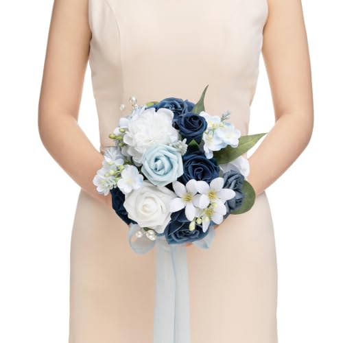 Ling's moment Navy Blue Artificial Wedding Flower Bouquet for Bridesmaid White Floral Bouquet Dusty Blue Bridal Bridesmaid Bouquets with Ribbon Ceremony Anniversary,7-inch Diameter - color: Blu-noble Navy Blue
