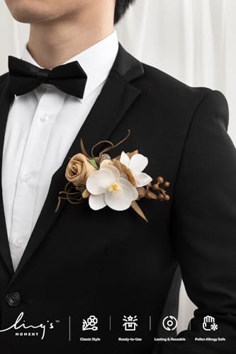 Ling's moment Pocket Boutonniere Single, Boutonniere for Men Groom for Wedding, Prom, Homecoming, Anniversary, Graduation, etc.Tawny Beige White Orchid, 6" W x 5" H - color: Brn-tawny Beige & White Orchid, size: 6" W x 5" H