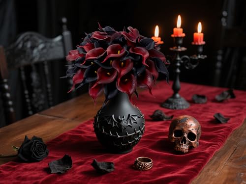 24 Pcs Artificial Calla Lily Flowers Fake Silk Flowers Real Touch for Halloween Wedding Bouquet Office Home Kitchen Decor (Black Red) - color: Black-red