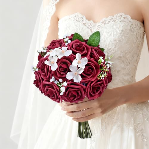 9 Pcs Artificial Flowers Fake Rose with Stems - Burgundy Real Touch Foam Roses for DIY Wedding Bouquet Bridal Shower Cake Toppers Centerpiece Table Valentines Day Supplies Decorations - color: Burgundy, size: 9Pcs