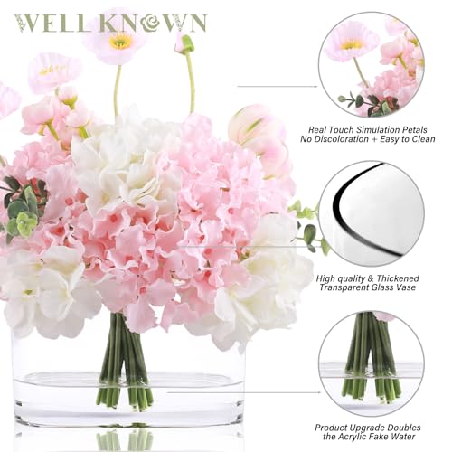 WELL KNOWN Artificial Flowers in Vase, Fake Hydrangea Tulip Flowers Bouquet with Big Glass Vase for Home Office Wedding Party Decor for Dining Table Centerpiece Housewarming Mom's Gift (Pink White) - color: Pink & White Max