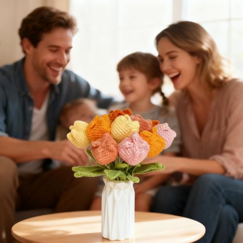 12Pcs Handmade Crochet Tulip Bouquet, Completed Knitted Yarn Artificial Tulips, Charming Knitted Flower Bouquet for Valentine's Day Mother's Day Birthday Anniversary