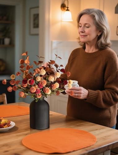 BLOSMON Flower Centerpiece Table Decorations: Metal Vase with 12 Stems of Fake Mums Kiku Flowers Eucalyptuses for Home Dining Room - Burnt Orange Artificial Pom Poms Floral Arrangement in Vase - color: Burnt Orange