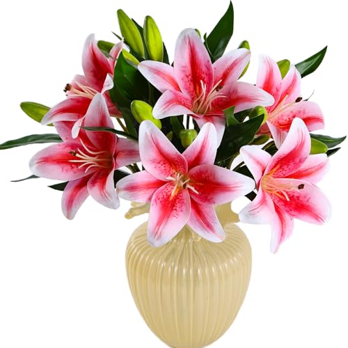 Kimura's Cabin 6Pcs Tiger Lily Artificial Flowers Real Touch Fake Lilies with Stems Faux Lilies Bouquet for Wedding Floral Arrangements Easter Home Table Centerpiece Office Decor(Pink - color: Pink