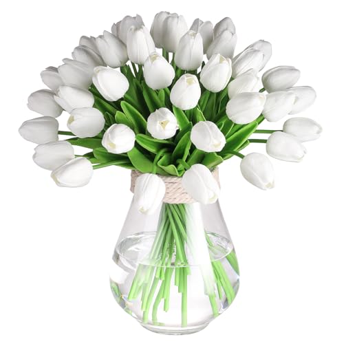 30 Pcs Artificial Tulips PU Faux Flowers, White Real Touch Fake Tulips for Valentine's Day Spring Easter Home Kitchen Wedding Decorations and New Year Decor - color: White