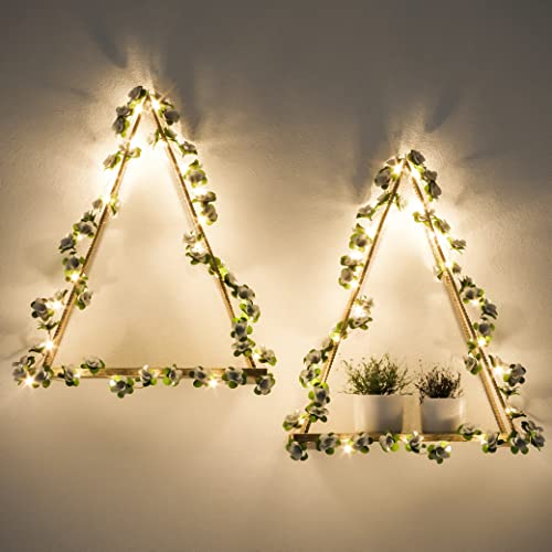 Artificial White Flower Garland with LED-Strip Wall Hanging Shelves Set of 2, Boho Shelves for Wall Décor, Macrame Wall Shelf for Bedroom Bathroom Living Room Kitchen (No Battery Included) - color: Flowera*2