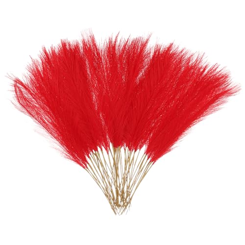 uxcell 50 Pcs Faux Pampas Grass 52cm/20.5" Artificial Fake Dried Pampas Grass Decor with Stem for Floor Vase Filler, Wedding Decoration, Home Decoration, Red - color: Red