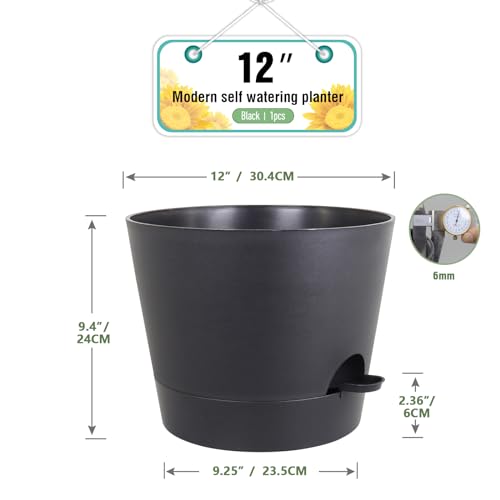 Meowell 12 inch Large Self Watering Pots for Indoor Outdoor Plants, Flower Plant Pots with Mesh Drainage Holes for Garden House Plants, Plastic Planters with Reservoir for Home Decor, Black - color: Black, size: 12inch A