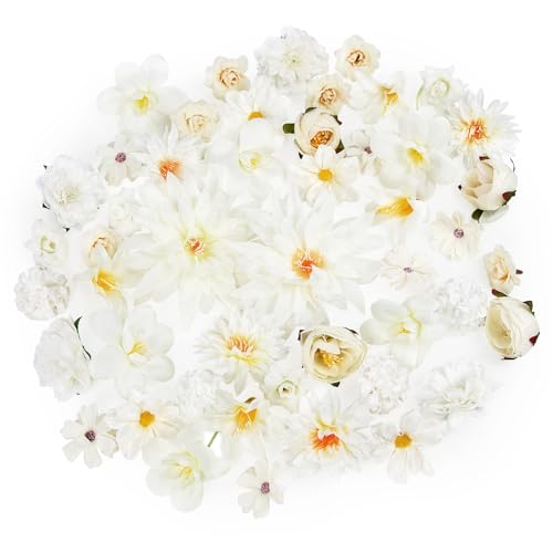 LACGO 48 PCS Faux Flowers Heads Bulk - Artificial Rose Daisy Heads Silk Fake Flower DIY Cake Blossom Wreath Garland Bouquets for Graduation Wedding Crafts Bridal Party Baby Shower Decoration(White) - color: White