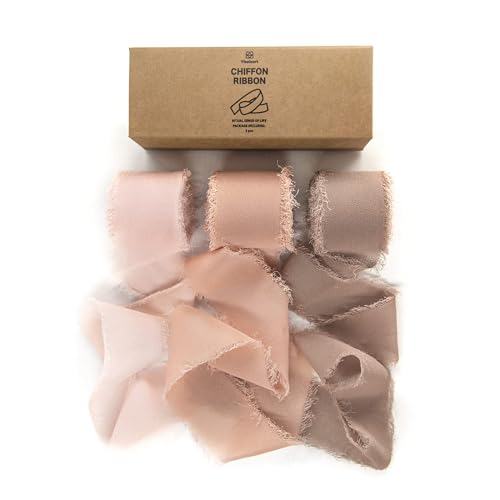 Vitalizart Dusty Rose Handmade Chiffon Silk Ribbon Fringe 1.5" x 21 Yd Frayed Edges Brown Ribbons for Wedding Invitations Bridal Bouquets Gifts Wrapping Crafts Holiday Party Decorations Nude Pink - color: Dusty Rose