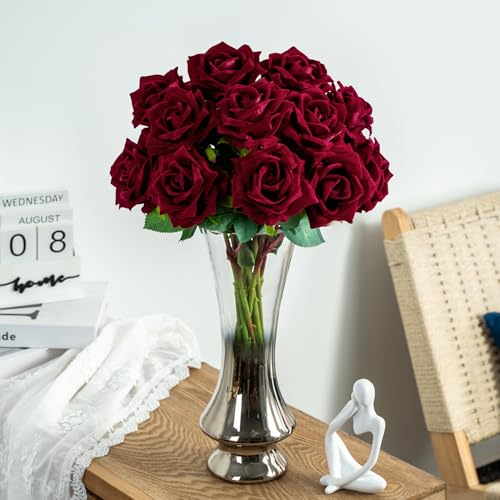 Ttranewsoo Fake Roses Faux Flowers Silk Roses Artificial Roses with Stems 16.5In Realistic Artificial Flowers Suitable for Indoor Home Decoration Diy Bouquet Wedding Decor Party Decor 12PCS(Black red) - color: Black Red 12pcs