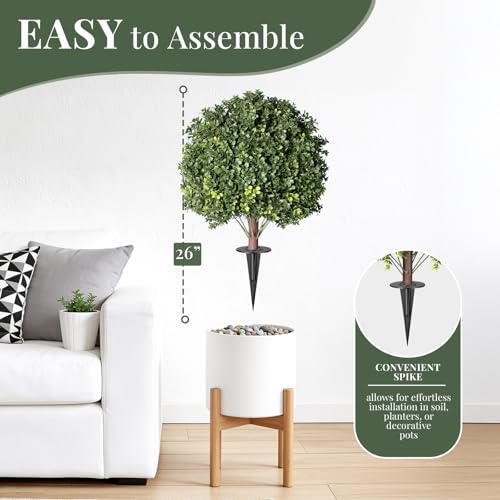 26" Artificial Boxwood Topiary Ball Tree with Ground Spikes, 2 Pack UV Resistant Fake Outdoor Plants for Front Door Porch Garden Patio Entryway Decor, Realistic Faux Shrub Height - color: Boxwood Topiary Ball Trees Dark Green 26