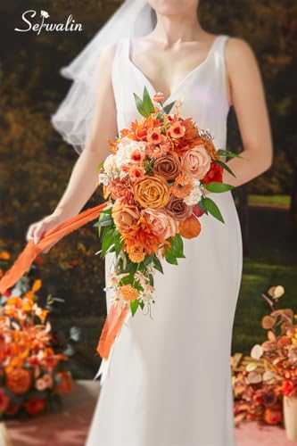 Serwalin 9.8 Inch Burnt Orange Wedding Bouquets for Bride and Bridesmaid, Orange Rose Bridal and Fall Bouquets - color: Burnt Orange