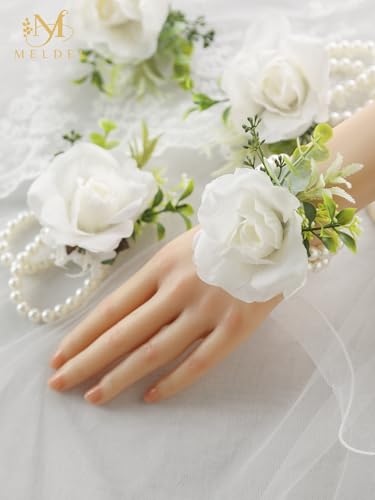 White Ivory Rose Wrist Corsage, Set of 6, Wedding Bridal Flower Corsage Hand Decor for Prom Party Homecoming, Wristband Flowers Bride, Bridesmaid, Girl - color: White#2 Wrist Corsage ( Set of 6)