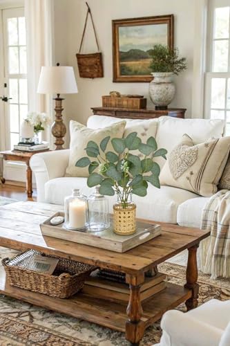 Hollyone Artificial Eucalyptus Stems in Woven Glass Vase with Faux Water, 11.8" Fake Plants Eucalyptus Leaves Branch for Indoor Shelf Desk Home Bathroom Wedding Table Centerpiece Decor - color: Green #3