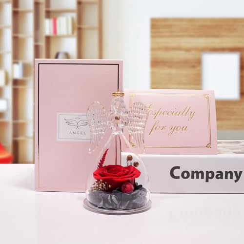 Miofula Gifts for Mom Birthday Gifts for Women, Preserved Flowers Rose in Glass Angel Figurines, Fresh Flowers for Delivery Anniversary Forever Real Roses Gifts for Mothers Grandma Her Wife Girlfriend - color: Red