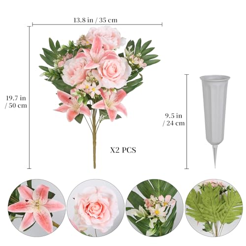 2Sets Artificial Cemetery Flowers with Cemetery Vase Pink Artificial Rose Lily Graveyard Memorial Bouquets for Memorial Day Outdoor Grave Cemetery Headstones Decorations (Pink) - color: Pink