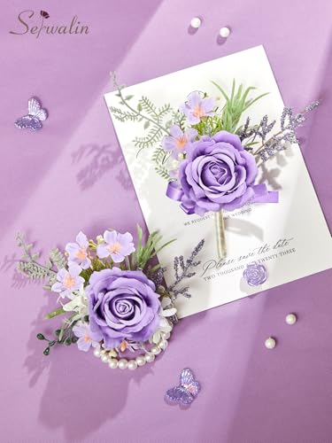 Serwalin Purple Corsage and Boutonniere Set, Artificial Silk Rose Wrist Corsage Wristlet and Boutonniere Set for Prom, Homecoming, Wedding, Anniversary Party Prom Suit Dress Flower Accessories - color: Purple, size: 1 Boutonniere & 1 Wrist Corsage - 2pcs