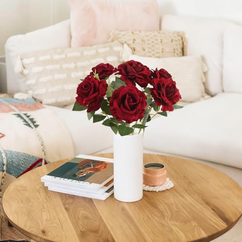6Pcs Burgundy Roses Artificial Flowers Real Touch Velvet Roses Fake Flowers with Stems for Vase Table Centerpiece Home Wedding Party Garden Decoration(Dark Red) - color: Dark Red