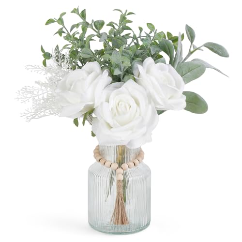 Mkono Fake Flowers in Vase, Artificial Flowers Centerpieces Coffee Table Decor Faux Flowers Arrangement for Home Decor Indoor Floral Bouquet for Bathroom Dining Kitchen