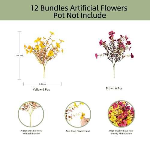 Artificial Flowers for Outdoors UV Resistant, 12 Bundles Realistic Faux Daisy with Eucalyptus Leaves Fake Plants for Porch Patio Planter Garden Decoration (Brown Yellow) - color: Brown Yellow