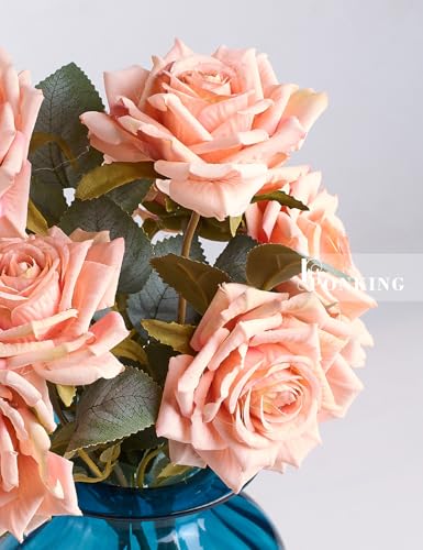 PONKING 3.1"(8cm) Manta Rose Artificial Flower 7pcs Realistic Faux Silk Roses Fake Flowers Bouquets Arrangements Decor for Wedding Spring Mother's Day, Home Table Decorations, Light Pink Flower - color: B 7pcs Light Pink Rose