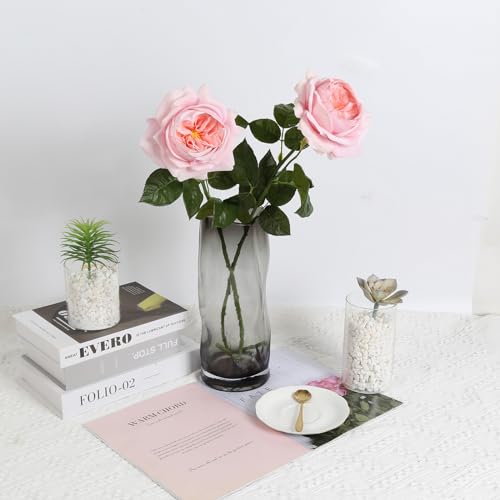 Real Touch Flowers, 2 Pcs 5.11" Pink Peonies Artificial Flowers with Stems, 25.60'' Fake Austin Roses Flowers with Long Stems for Bridal Bouquets Table Centerpiece Home Vase Decor (Pink) - color: Pink