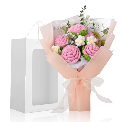 Foyucool Crochet Flowers Bouquet, Handmade Knitted Rose Bouquet with Gift Bag for Home Deocor, Crocheted Finished Flower for Wedding, Mother's Day, Teachers' Day and Valentine's Day, Pink White - color: Pink White