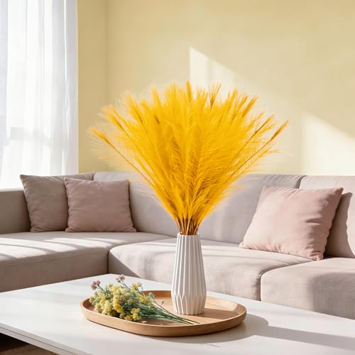 50pcs Golden Yellow Pampas Grass 21.6 Inch Non-Shedding Faux Pampas Grass Decor, Fluffy Artificial Pampas for Boho Home, Wedding Centerpieces and Neutral Vase Arrangements - color: Golden Yellow