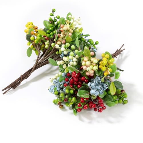 SHACOS 20 PCS Artificial Berry Stems Assorted Mixed Color, Fake Berries Branches Spray with Green Leaves 9.8 inch Small Berry Picks for Floral Crafts Centerpiece Bouquet Filler Home Wedding Decor - color: Mix, size: 20 PCS