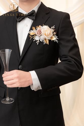 TINGE TIME Luxury Groom Boutonniere for Wedding, 1 PCS Pocket Boutonniere for Men, Artificial Corsage for Wedding, Prom, Homecoming, Anniversary, Graduation, Christmas Dinner (Champagne&Pink) - color: Champagne&pink