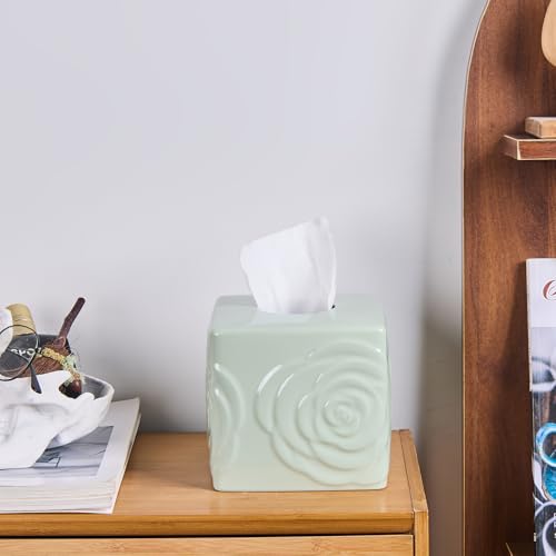 Light Green Ceramic Cube Tissue Box Cover with Rose – Large Elegant Rose Floral Square Decorative Tissue Box Holder for Bathroom, Bedroom, Office Desk, Kitchen Counter – Perfect Housewarming Gift - color: Light Green