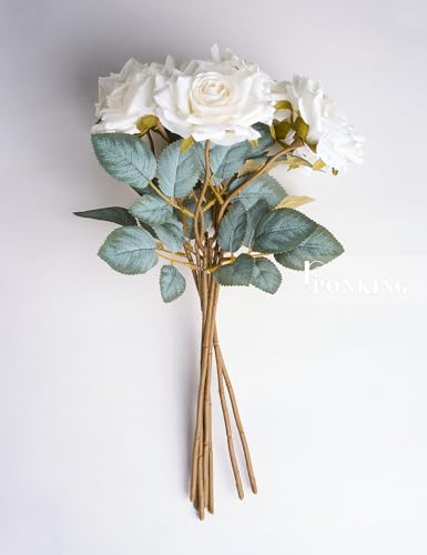 PONKING 3.1"(8cm) Manta Rose Artificial Flower 7pcs Realistic Faux Silk Roses Fake Flowers Bouquets Arrangements Decor for Wedding Spring Mother's Day, Home Table Decorations, White Flower - color: B 7pcs White Rose