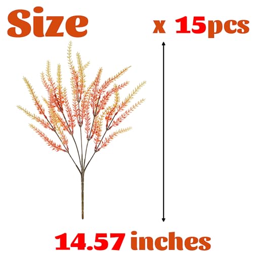 Artificial Fall Flowers Faux Mums for Outdoor, 15 Bundles Fake Flower Lavender UV Resistant Faux Plants No Fade for Front Door Porch Garden Yard Patio Outside Autumn Decor(Orange) - color: Orange