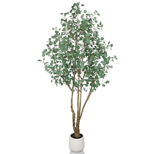 Artificial Eucalyptus Trees with White Planter, 8 FT Faux Eucalyptus Plants Indoor Tall Fake Floor Trees with Silk Leaves and Thick Trunk for Living Room Bedroom Corner Home Office Decoration - size: 8ft