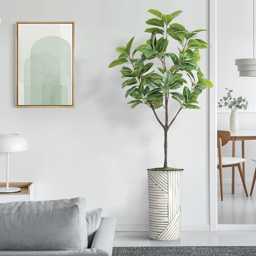 Artificial Tree in Geometric Pattern Planter, Fake Magnolia Tree for Indoor and Outdoor Home Decoration - 70" Overall Tall (Plant Pot Plus Tree) - style: Magnolia Tree