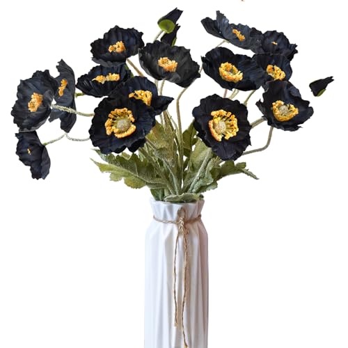 Artificial Flowers 5Pcs Poppies Flowers Artificial Silk Flowers for Home Office Wedding Outdoor Decor (Black) - color: Black
