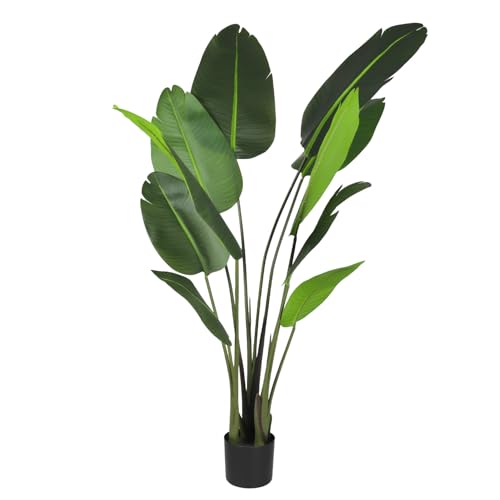 E&K 5FT Artificial Bird of Paradise Plant with Plastic Nursery Pot, Fake Banana Tree Artificial Plant Faux Palm Trees for Home Office Garden Indoor Outdoor Decor (1 Pack) - color: Bird of Paradise, size: 5ft