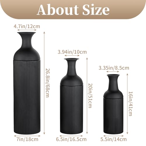 Sziqiqi Black Tall Ribbed Modern Metal Vase Trio - Large 27" Tall x 20" Wide x 16" Deep for Living Room, Bedroom, Kitchen, Corridor - color: Black