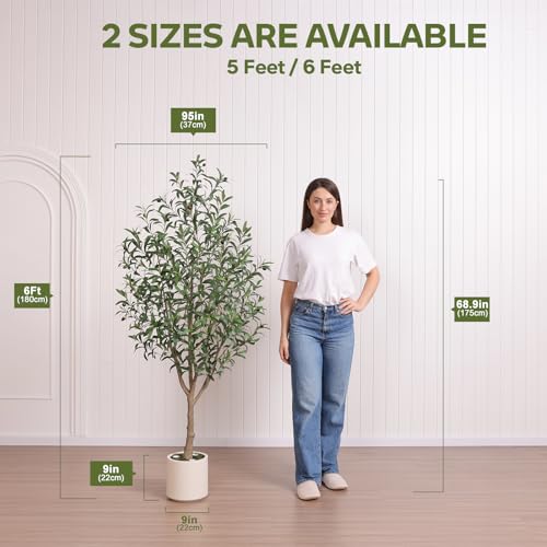 Verinatural Olive Trees Artificial Indoor 6FT - Realistic Fake Plants with Remote LED Spotlights, White Planter - Faux Olive Tree for Home Living Room Office Floor Bedroom Decor,VN214 - size: 6ft