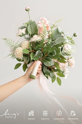 Ling's moment Blush Pink Wedding Bouquets for Bride, Blush and Cream Bridal Bouquets for Bride, 15 Inch Free Form Artificial Wedding Flower Bouquet - color: Pk-blush, size: Medium 15 Inch